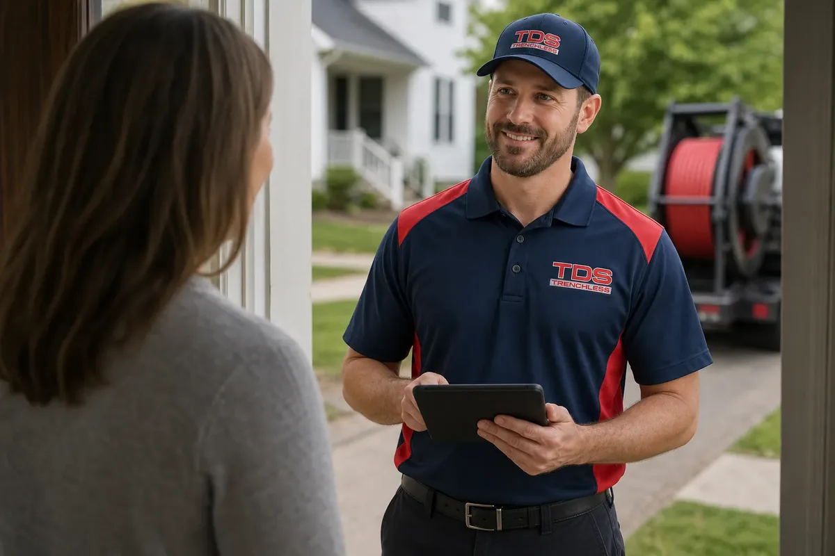 TDS Trenchless technician walking an Augusta homeowner through the camera findings and a free estimate