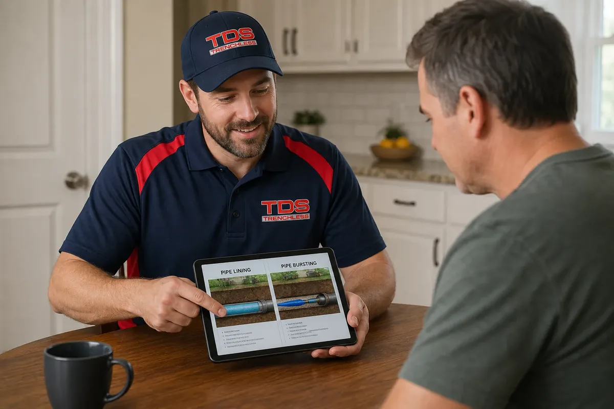 TDS Trenchless technician going over a free estimate with a homeowner
