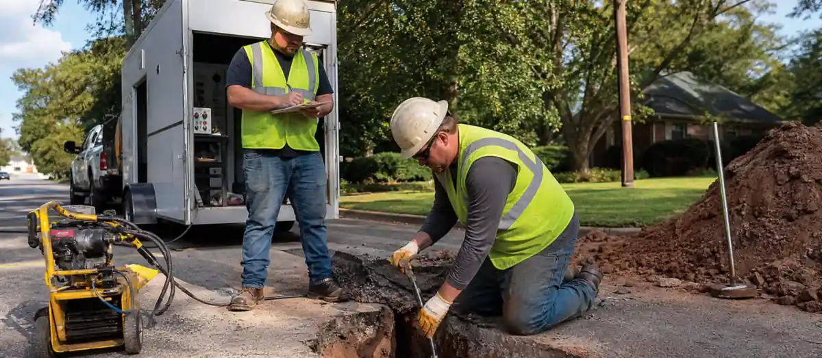 Licensed and insured TDS Trenchless crew on an Augusta-area sewer repair — one technician working the open trench while another fills out the job sheet at the trailer