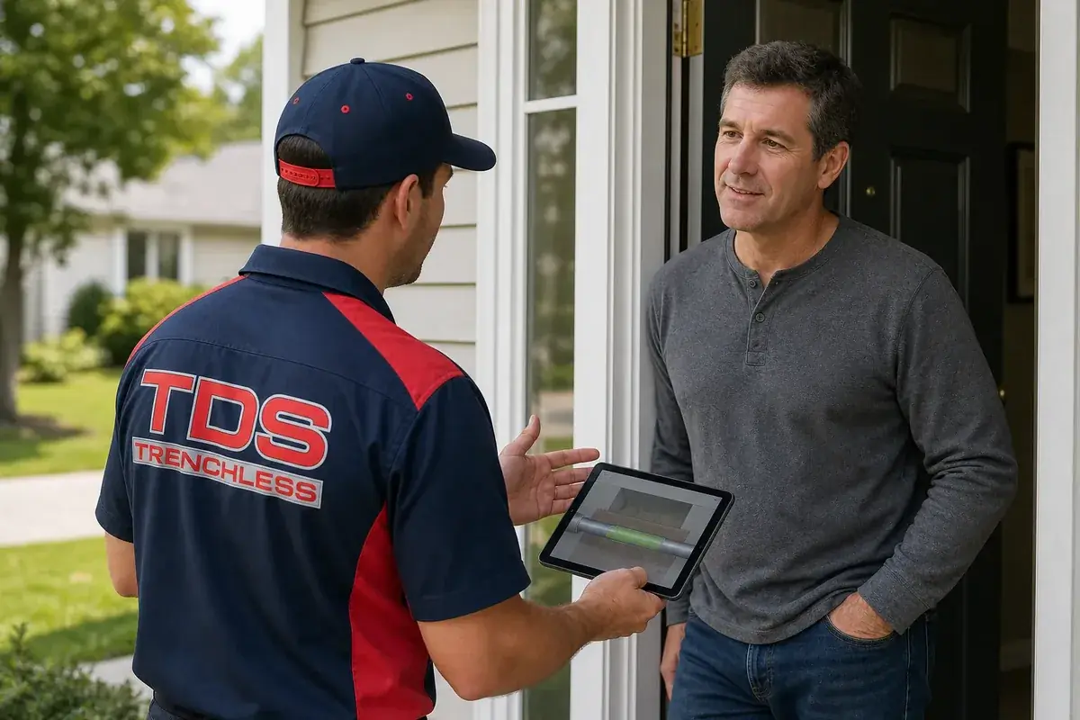 TDS Trenchless technician and an Augusta homeowner watching the sewer camera monitor together
