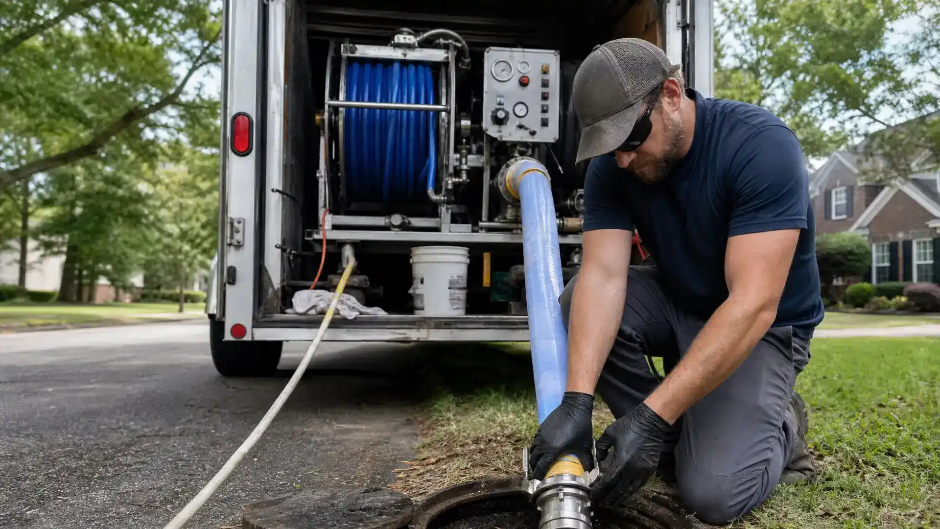 TDS Trenchless technician handling a cured-in-place pipe liner outside an Augusta-area home